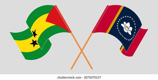 Crossed and waving flags of Sao Tome and Principe and The State of Mississippi. Vector illustration
