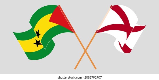 Crossed and waving flags of Sao Tome and Principe and The State of Alabama. Vector illustration
