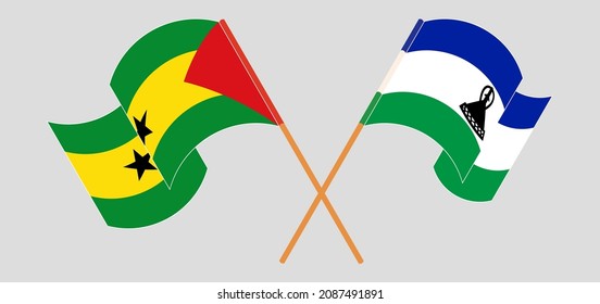 Crossed and waving flags of Sao Tome and Principe and Kingdom of Lesotho. Vector illustration
