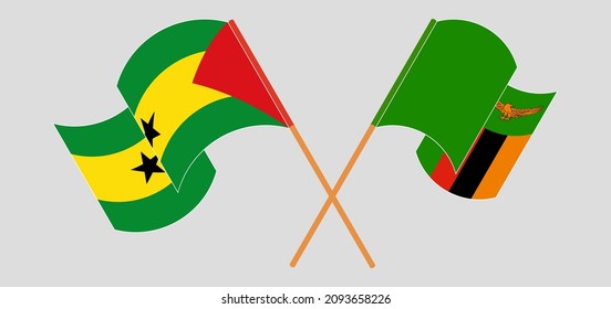 Crossed and waving flags of Sao Tome and Principe and Zambia. Vector illustration
