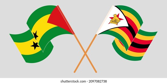 Crossed and waving flags of Sao Tome and Principe and Zimbabwe. Vector illustration
