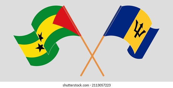 Crossed and waving flags of Sao Tome and Principe and Barbados. Vector illustration
