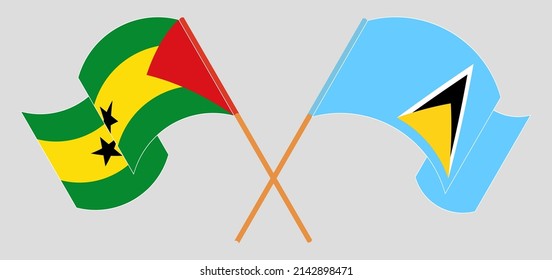 Crossed and waving flags of Sao Tome and Principe and Saint Lucia