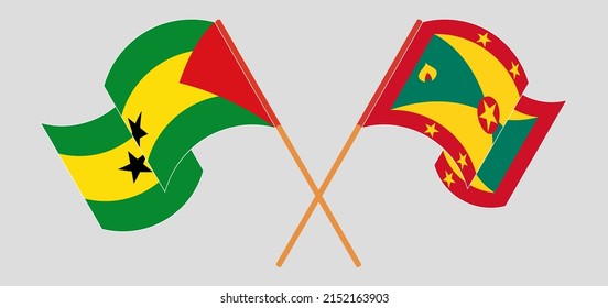 Crossed and waving flags of Sao Tome and Principe and Grenada. Vector illustration
