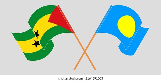 Crossed and waving flags of Sao Tome and Principe and Palau. Vector illustration
