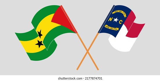 Crossed and waving flags of Sao Tome and Principe and The State of North Carolina. Vector illustration
