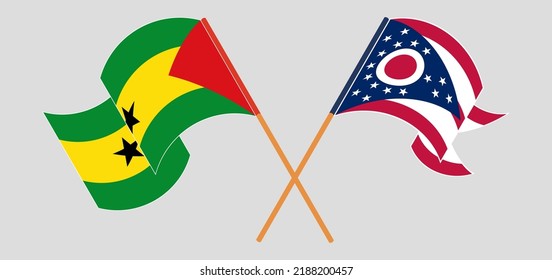 Überquerte und wehende Flaggen von São Tomé und Príncipe und dem Staat Ohio. Vektorgrafik
