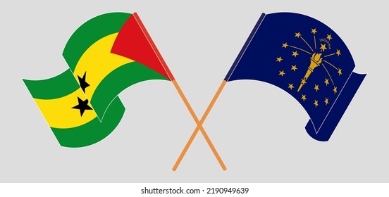 Crossed and waving flags of Sao Tome and Principe and the State of Indiana. Vector illustration
