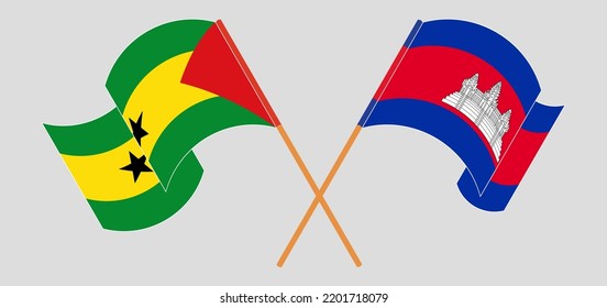 Crossed and waving flags of Sao Tome and Principe and Cambodia. Vector illustration
