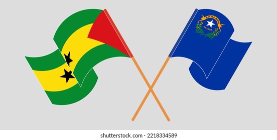 Crossed and waving flags of Sao Tome and Principe and The State of Nevada. Vector illustration
