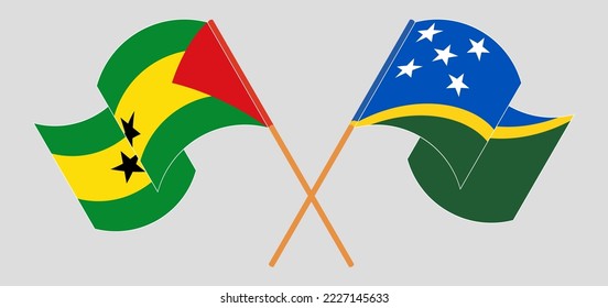 Crossed and waving flags of Sao Tome and Principe and Solomon Islands. Vector illustration