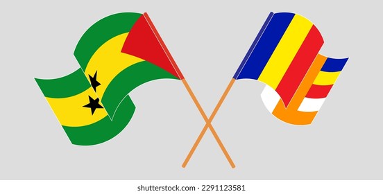 Crossed and waving flags of Sao Tome and Principe and Buddhism. Vector illustration
