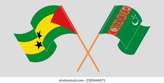 Crossed and waving flags of Sao Tome and Principe and Turkmenistan. Vector illustration
