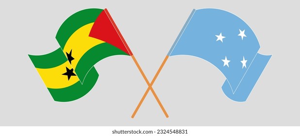 Crossed and waving flags of Sao Tome and Principe and Micronesia. Vector illustration
