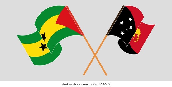 Crossed and waving flags of Sao Tome and Principe and Papua New Guinea. Vector illustration
