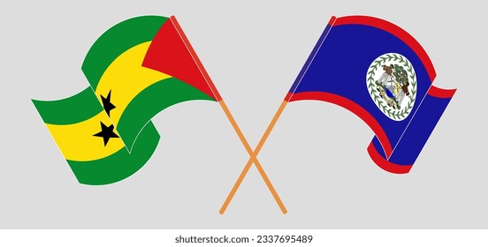 Crossed and waving flags of Sao Tome and Principe and Belize. Vector illustration
