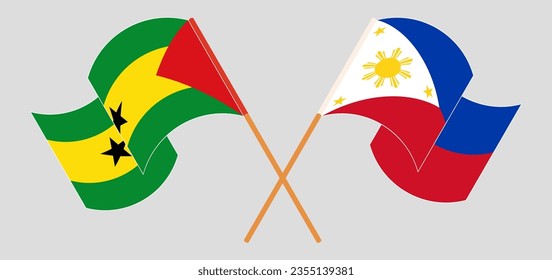 Crossed and waving flags of Sao Tome and Principe and the Philippines. Vector illustration
