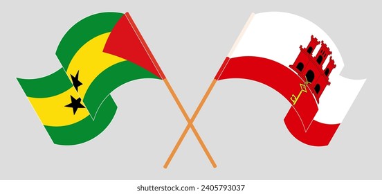 Crossed and waving flags of Sao Tome and Principe and Gibraltar. Vector illustration
