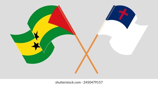 Crossed and waving flags of Sao Tome and Principe and christianity. Vector illustration
