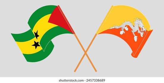 Crossed and waving flags of Sao Tome and Principe and Bhutan. Vector illustration
