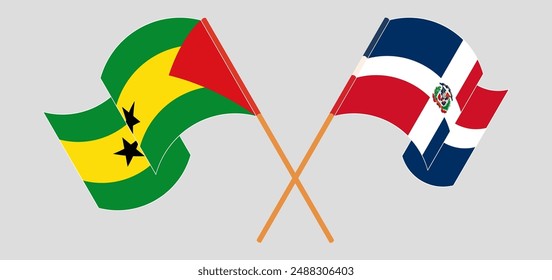 Crossed and waving flags of Sao Tome and Principe and Dominican Republic. Vector illustration
