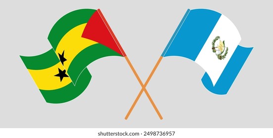 Crossed and waving flags of Sao Tome and Principe and Republic of Guatemala. Vector illustration
