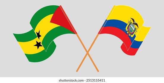 Crossed and waving flags of Sao Tome and Principe and Republic of Ecuador. Vector illustration.