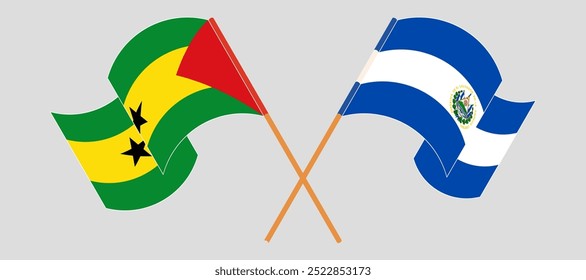 Bandeiras cruzadas e acenando de São Tomé e Príncipe e República de El Salvador. Ilustração vetorial.
