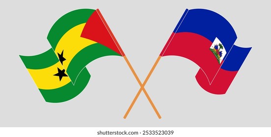 Crossed and waving flags of Sao Tome and Principe and Republic of Haiti. Vector illustration.
