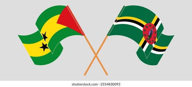 Crossed and waving flags of Sao Tome and Principe and Dominica. Vector illustration.
