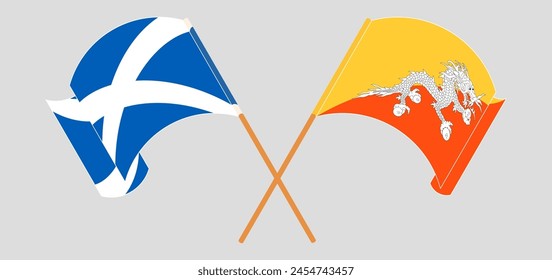 Crossed and waving flags of Scotland and Bhutan. Vector illustration
