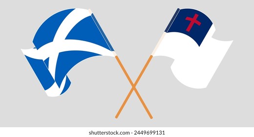 Crossed and waving flags of Scotland and christianity. Vector illustration
