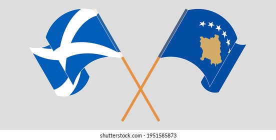 Crossed and waving flags of Scotland and Kosovo