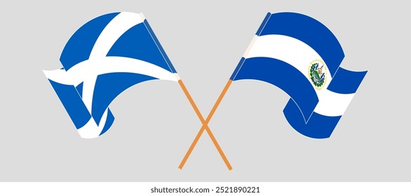 Crossed and waving flags of Scotland and Republic of El Salvador. Vector illustration.
