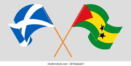 Crossed and waving flags of Scotland and Sao Tome and Principe. Vector illustration
