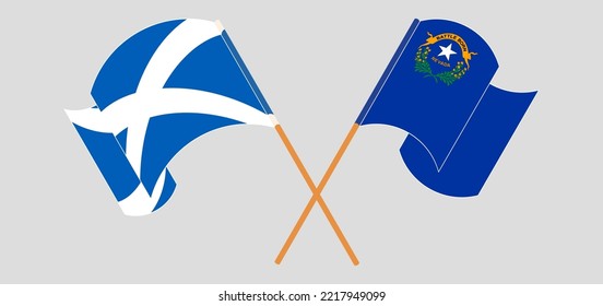 Crossed and waving flags of Scotland and The State of Nevada. Vector illustration
