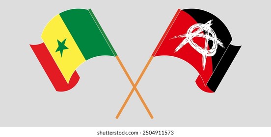 Gekreuzte und wehende Fahnen des Senegal und der Anarchie. Vektorgrafik
