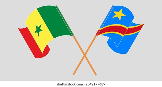 Crossed and waving flags of Senegal and Democratic Republic of the Congo. Vector illustration.
