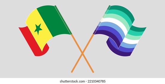 Crossed and waving flags of Senegal and gay men pride. Vector illustration
