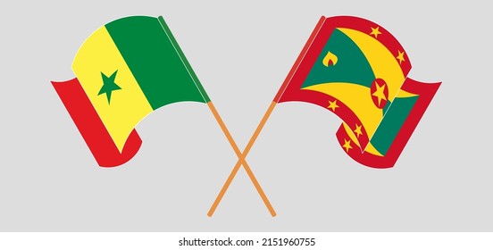 Cruzando y ondeando banderas de Senegal y Granada. Ilustración del vector
