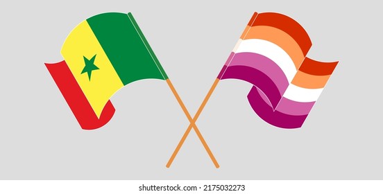 Crossed and waving flags of Senegal and Lesbian Pride
