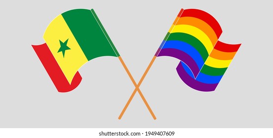 Crossed and waving flags of Senegal and LGBTQ