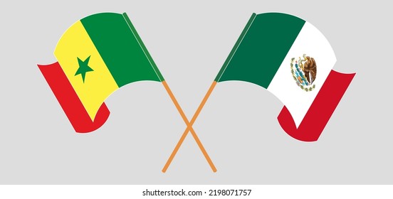 Crossed and waving flags of Senegal and Mexico. Vector illustration
