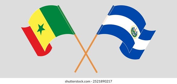 Crossed and waving flags of Senegal and Republic of El Salvador. Vector illustration.
