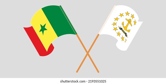 Crossed and waving flags of Senegal and the State of Rhode Island. Vector illustration
