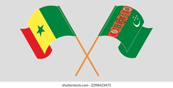 Crossed and waving flags of Senegal and Turkmenistan. Vector illustration
