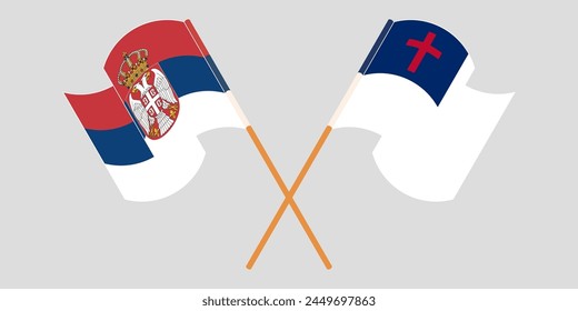Crossed and waving flags of Serbia and christianity. Vector illustration