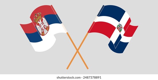 Crossed and waving flags of Serbia and Dominican Republic. Vector illustration
