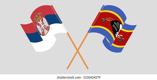 Crossed and waving flags of Serbia and Eswatini. Vector illustration
