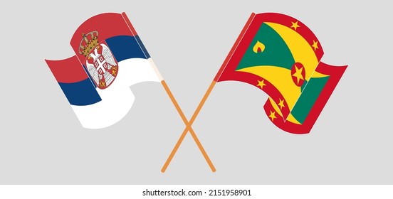 Crossed and waving flags of Serbia and Grenada. Vector illustration
